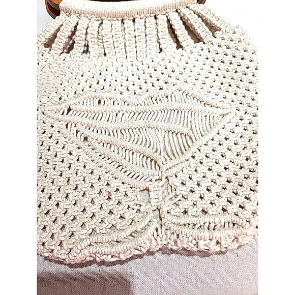 NEW NOS Vintage 1970s Handmade Macrame Purse Pocketbook Bag Wooden Handles MCM - Picture 2 of 8